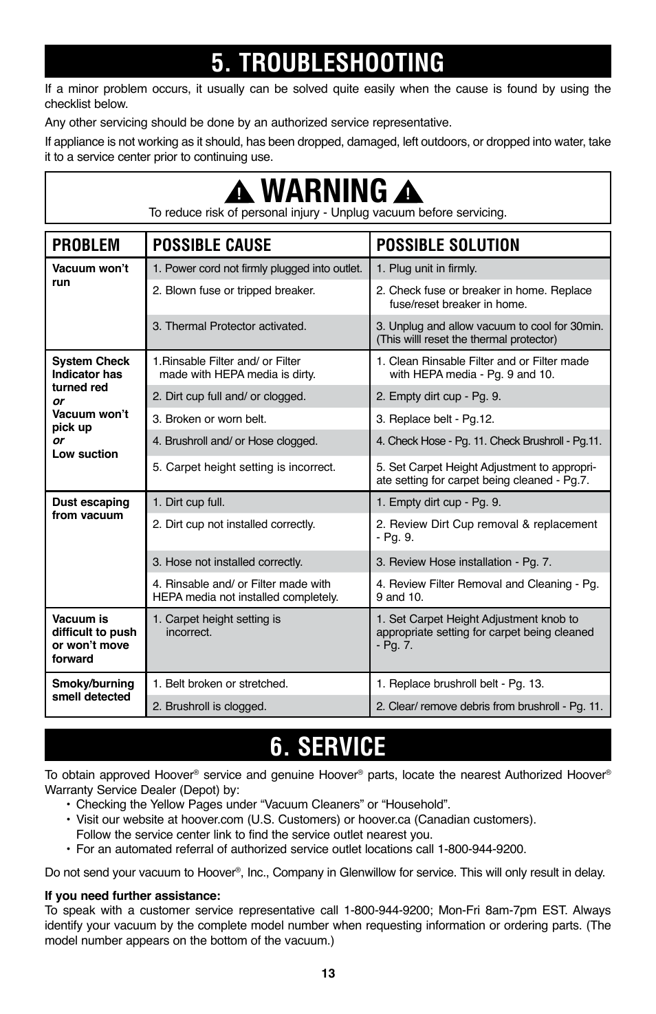 Warning, Troubleshooting, Service | Problem possible cause possible solution | Royal Vacuums CH53010 User Manual | Page 13 / 43