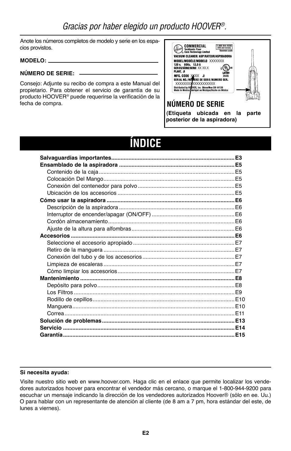 Índice, Gracias por haber elegido un producto hoover, Número de serie | Royal Vacuums CH53010 User Manual | Page 16 / 43