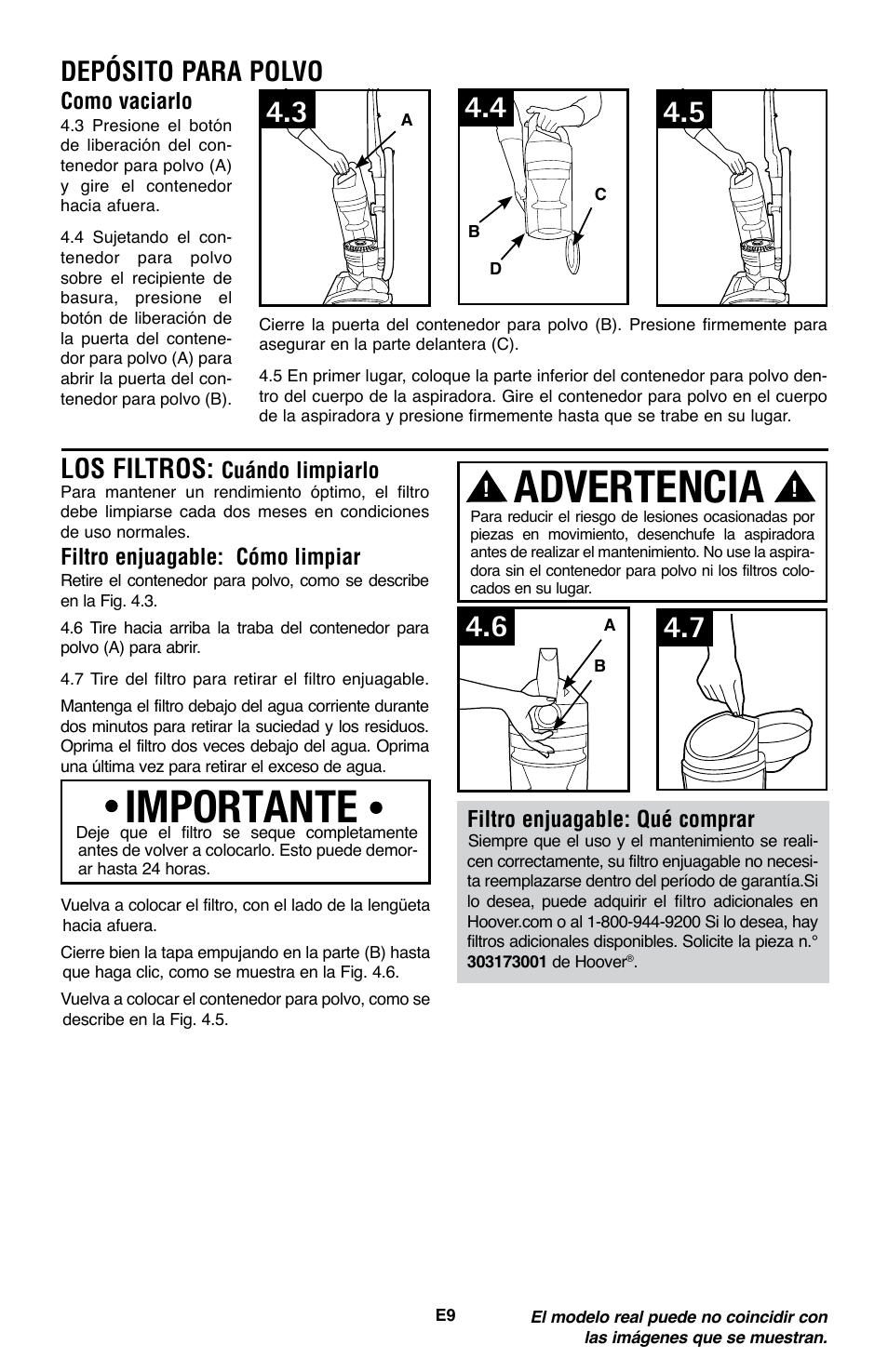 Importante advertencia, Depósito para polvo, Los filtros | Como vaciarlo, Filtro enjuagable: cómo limpiar, Cuándo limpiarlo, Filtro enjuagable: qué comprar | Royal Vacuums CH53010 User Manual | Page 23 / 43