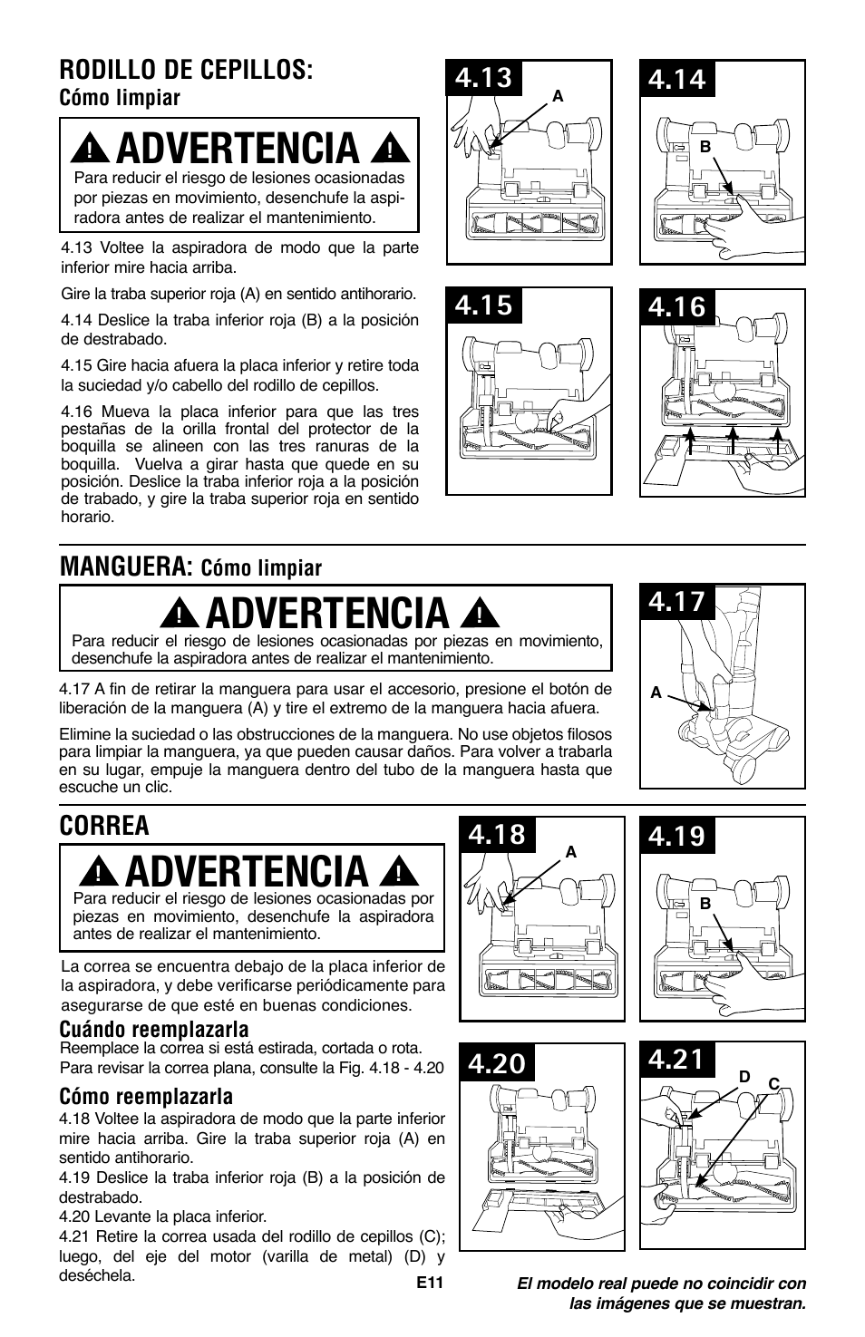 Advertencia, Manguera, Rodillo de cepillos | Correa | Royal Vacuums CH53010 User Manual | Page 25 / 43
