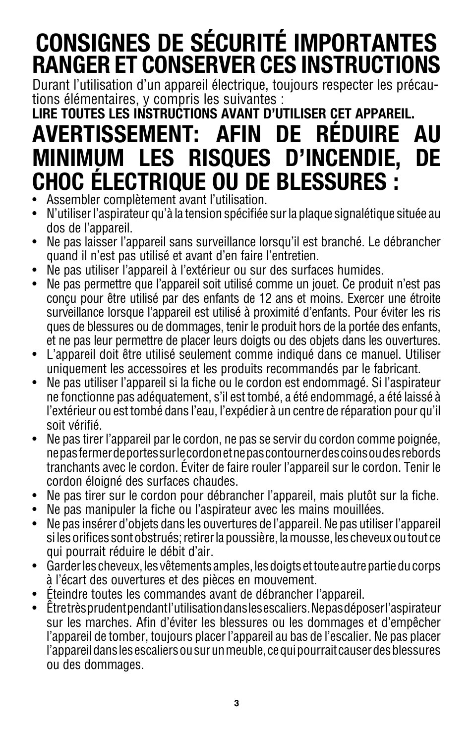Consignes de sécurité importantes, Ranger et conserver ces instructions, Avertissement | Royal Vacuums CH53010 User Manual | Page 32 / 43