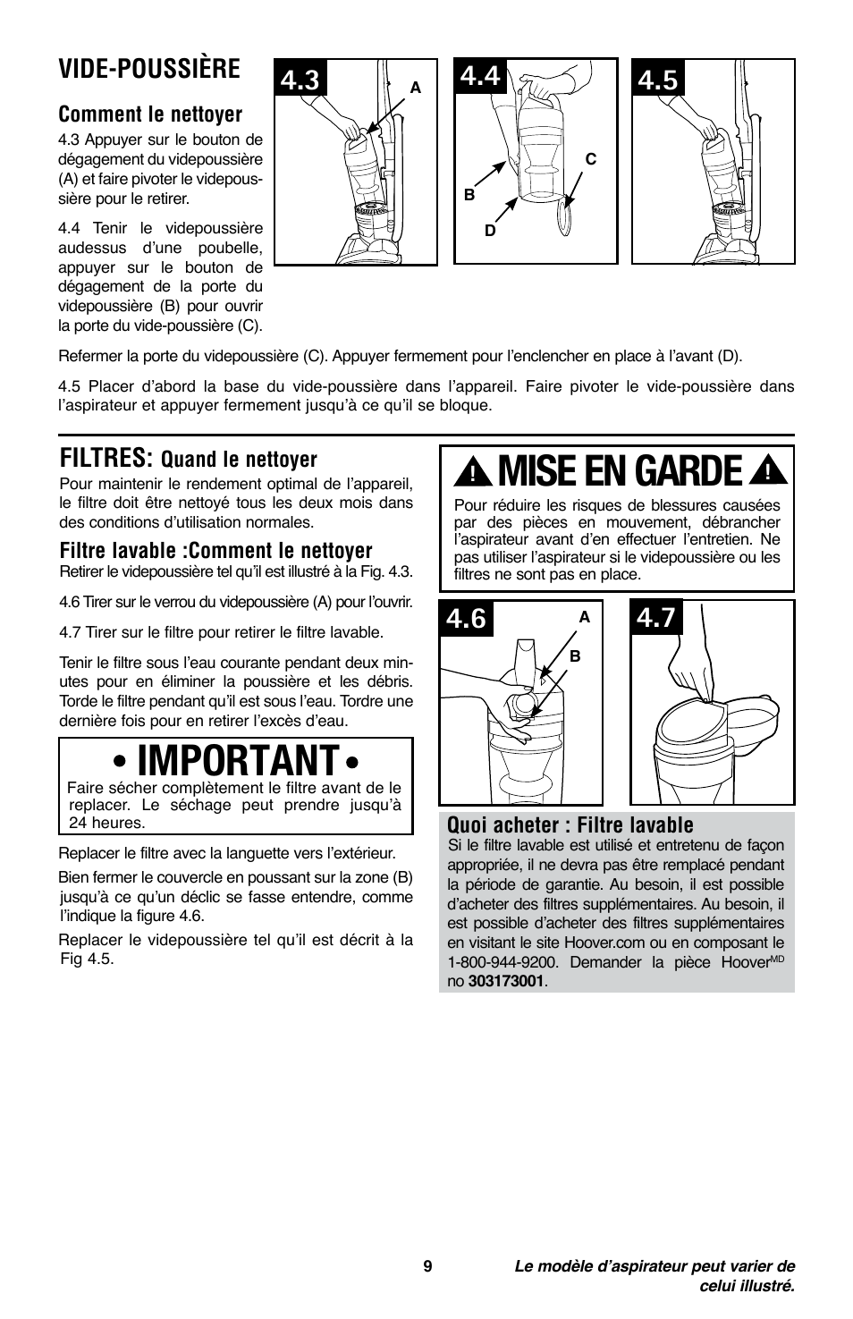 Mise en garde, Important, Filtres | Vide-poussière | Royal Vacuums CH53010 User Manual | Page 38 / 43
