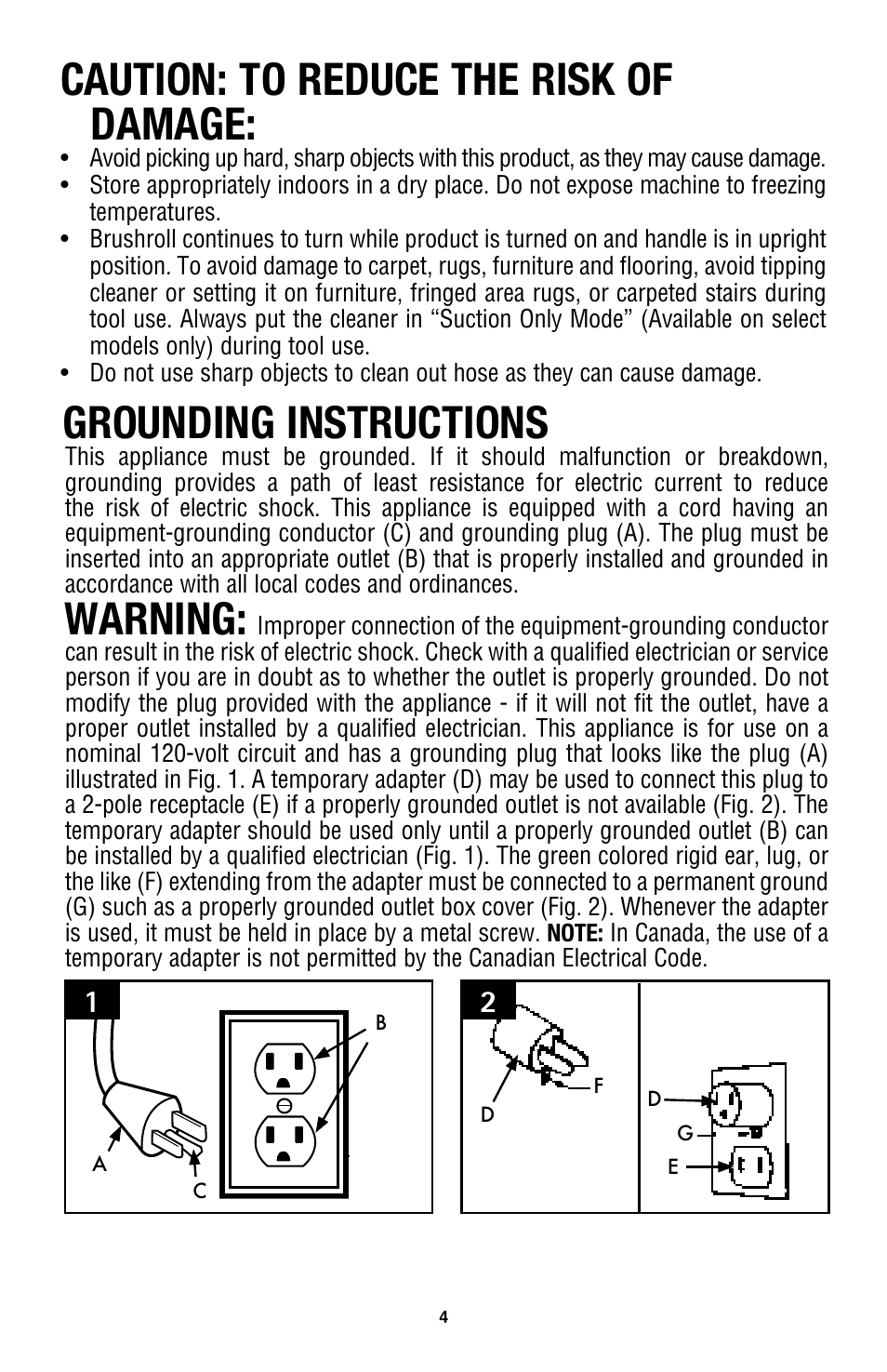 Caution: to reduce the risk of damage, Grounding instructions, Warning | Royal Vacuums CH53010 User Manual | Page 4 / 43