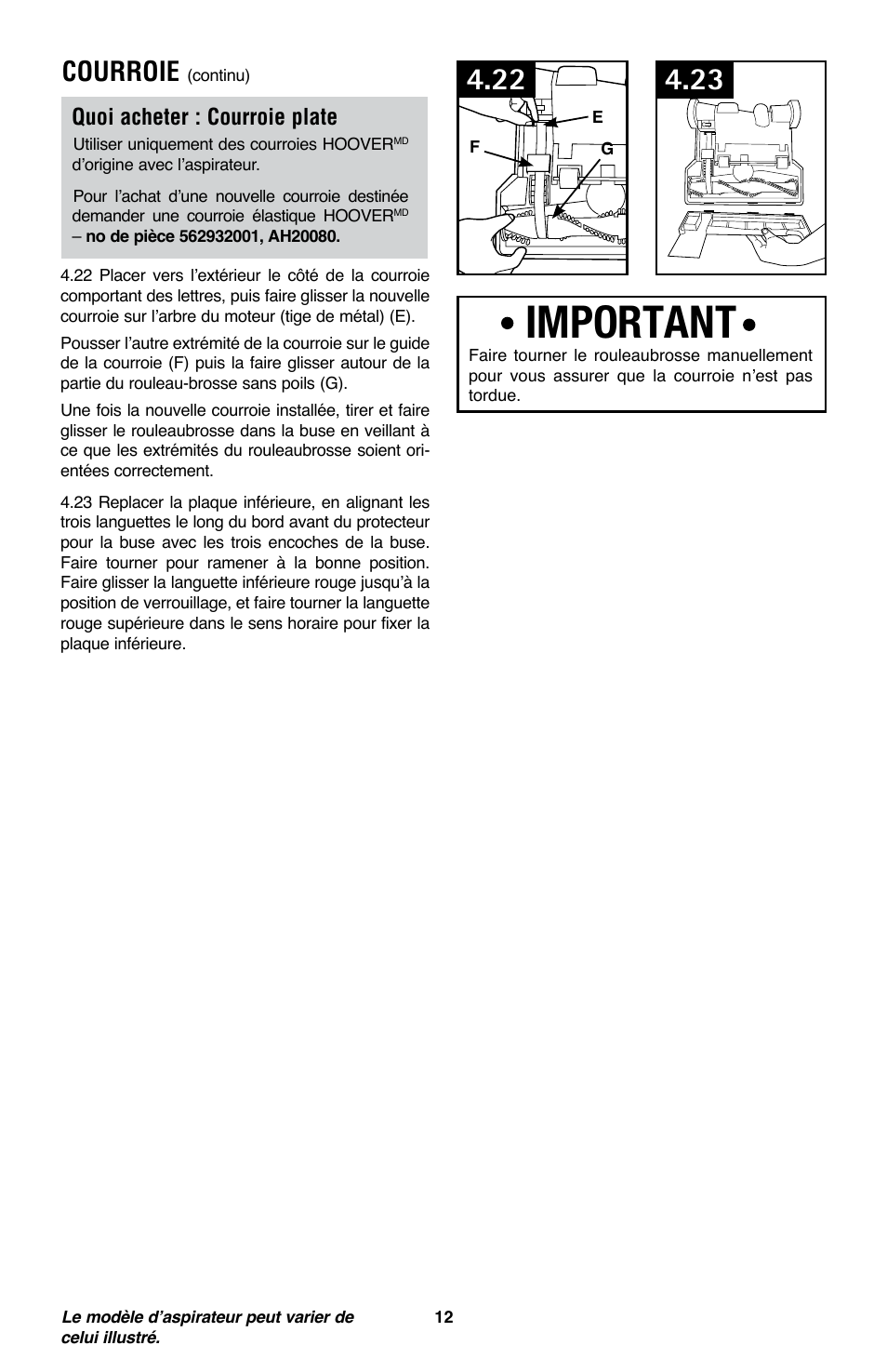 Important, Courroie, Quoi acheter : courroie plate | Royal Vacuums CH53010 User Manual | Page 41 / 43