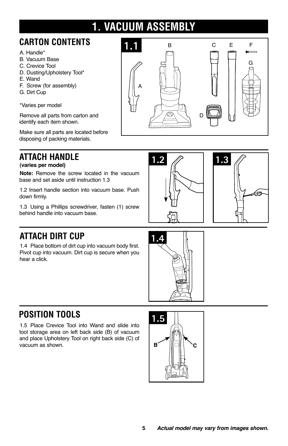 Vacuum assembly, Attach handle, Position tools | Attach dirt cup, Carton contents | Royal Vacuums CH53010 User Manual | Page 5 / 43