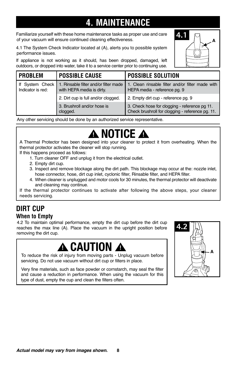 Notice, Caution, Maintenance | Dirt cup | Royal Vacuums CH53010 User Manual | Page 8 / 43