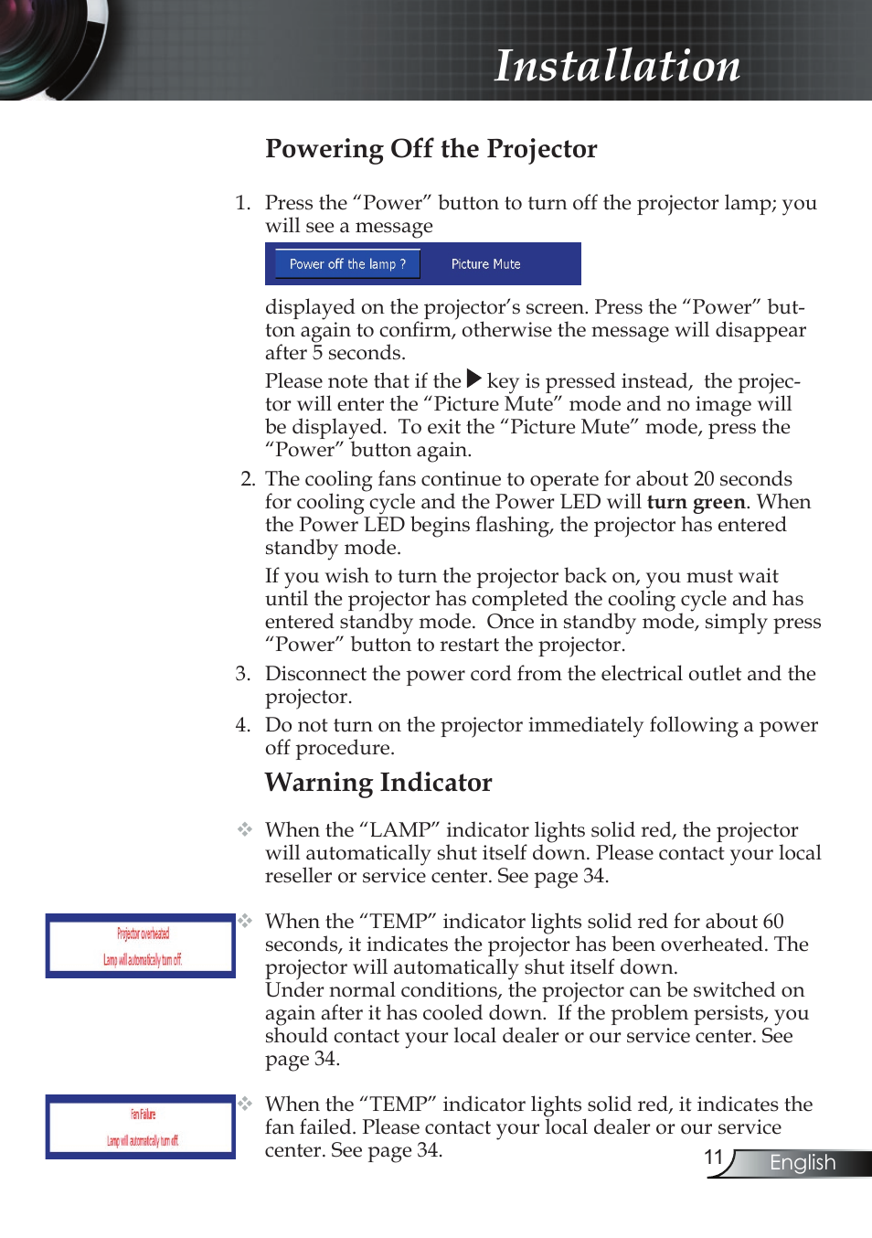 Installation, Warning indicator, Powering off the projector | Compaq EP7150 User Manual | Page 11 / 36