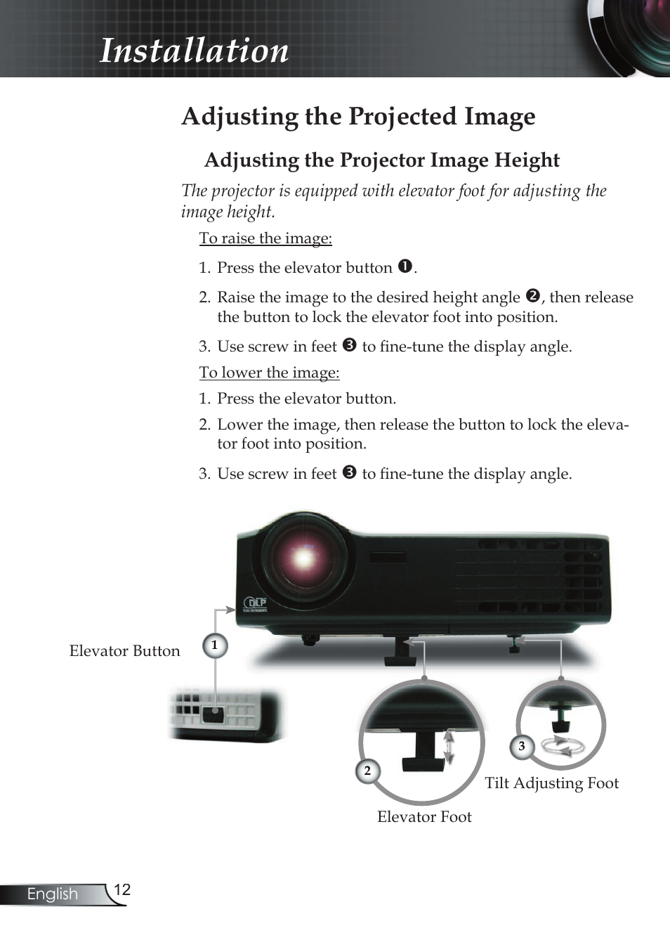 Installation, Adjusting the projected image, Adjusting the projector image height | Compaq EP7150 User Manual | Page 12 / 36