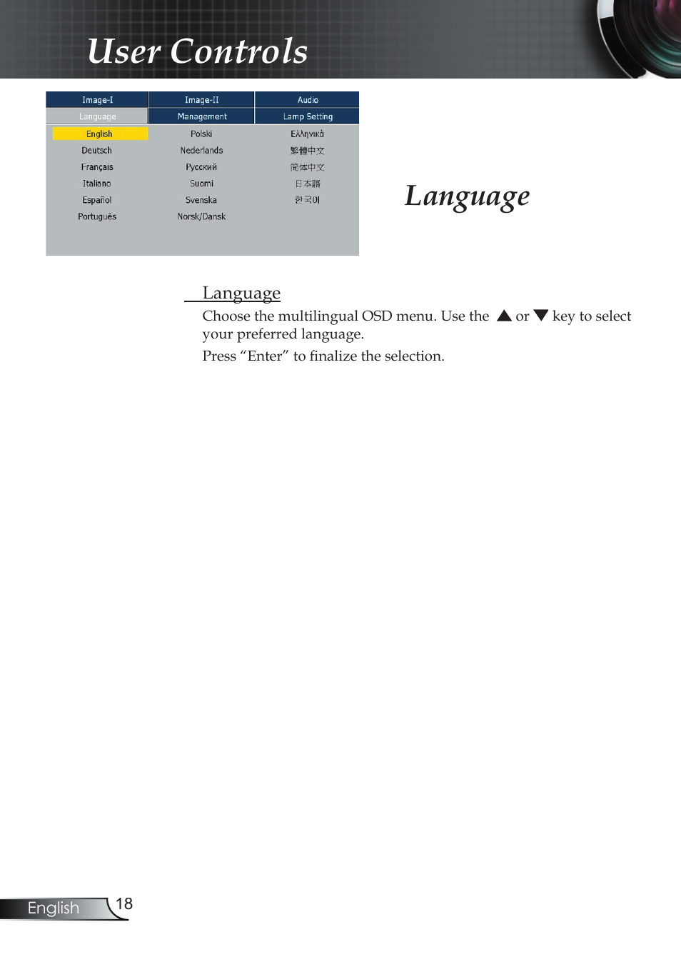 User controls, Language | Compaq EP7150 User Manual | Page 18 / 36