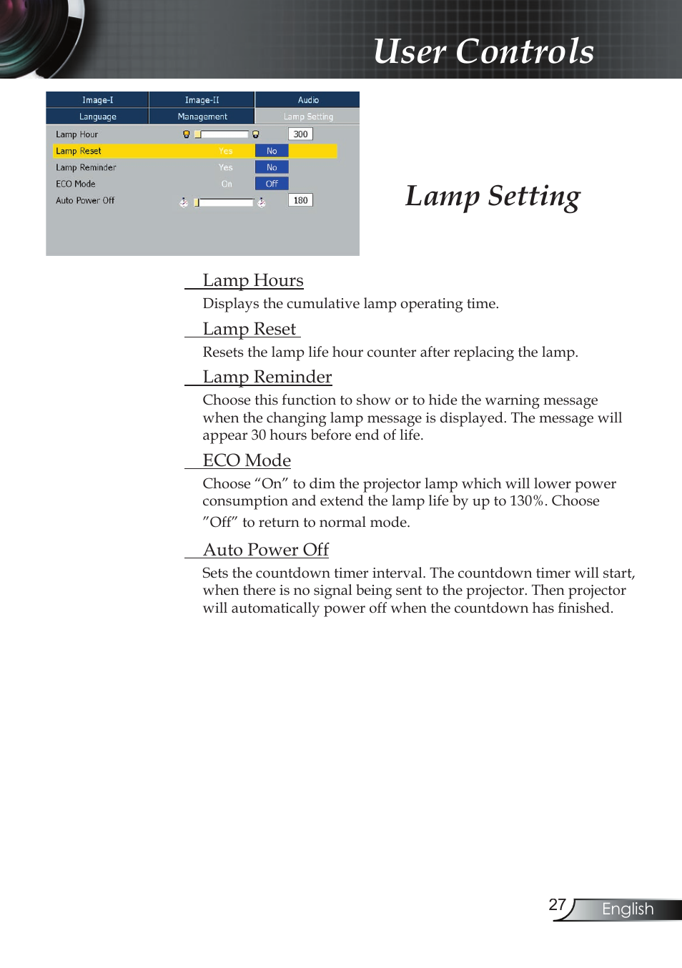 User controls, Lamp setting | Compaq EP7150 User Manual | Page 27 / 36