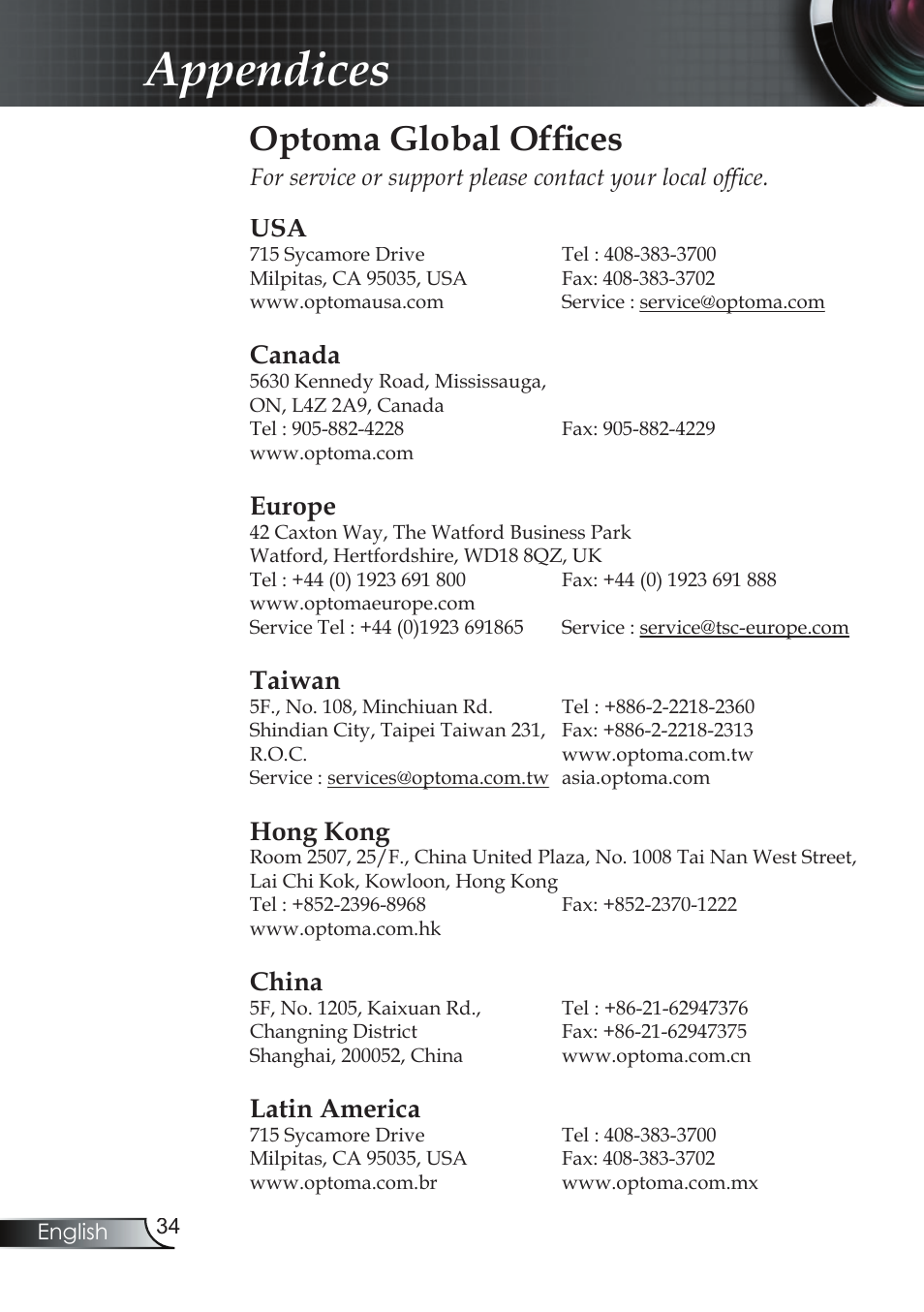 Appendices, Optoma global ofﬁ ces, Canada | Europe, Taiwan, Hong kong, China, Latin america | Compaq EP7150 User Manual | Page 34 / 36
