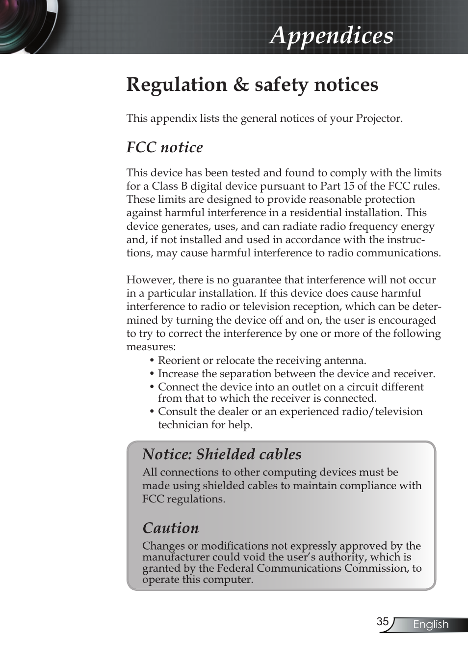 Appendices, Regulation & safety notices, Fcc notice | Compaq EP7150 User Manual | Page 35 / 36