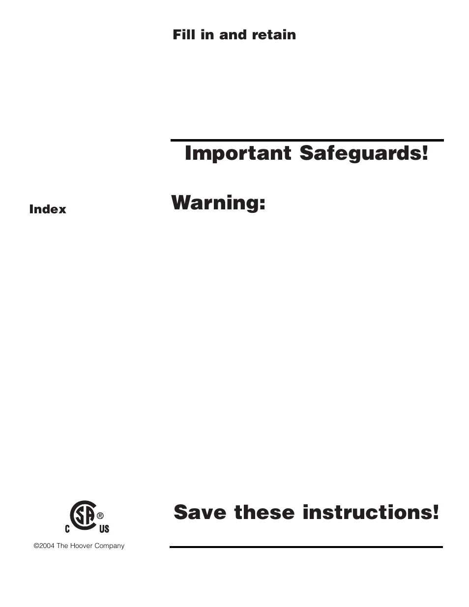 Important safeguards, Warning, Save these instructions | Fill in and retain, Index | Royal Vacuums L2310 User Manual | Page 2 / 7