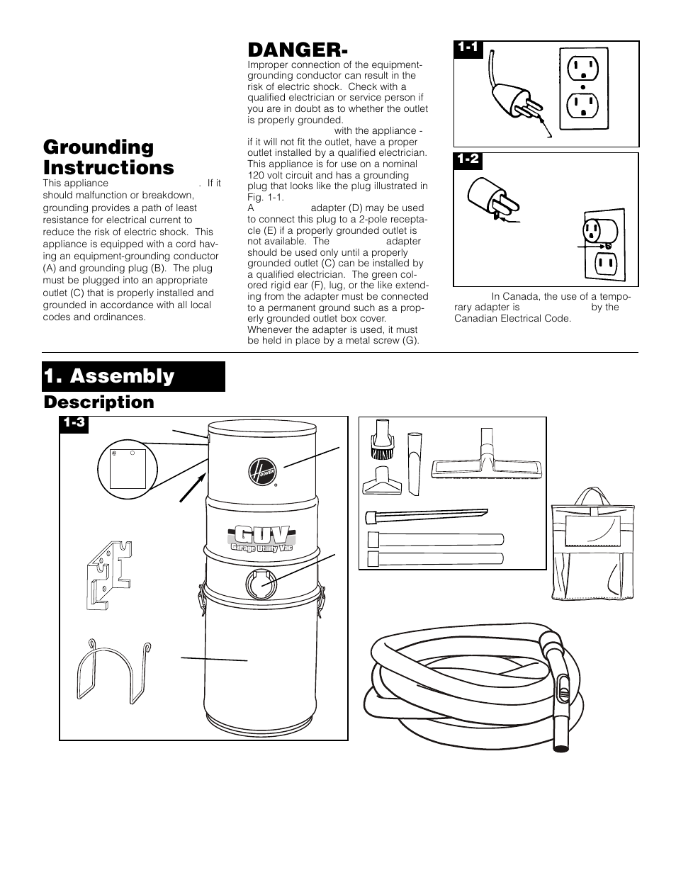 Assembly, Grounding instructions, Danger | Description | Royal Vacuums L2310 User Manual | Page 3 / 7