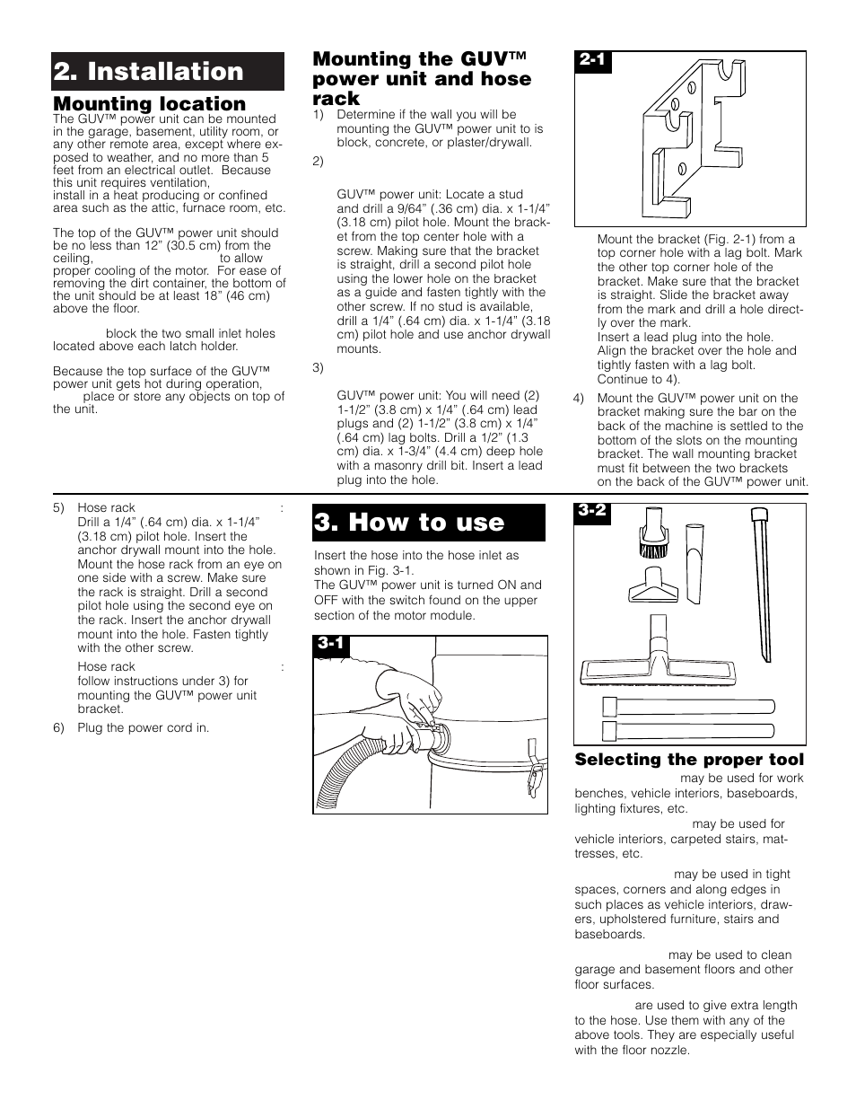 Installation 3. how to use, Mounting location, Mounting the guv™ power unit and hose rack | Royal Vacuums L2310 User Manual | Page 4 / 7