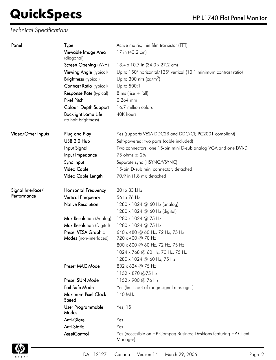 Technical specifications, Quickspecs, Hp l1740 flat panel monitor | Compaq Compaq User Manual | Page 2 / 5