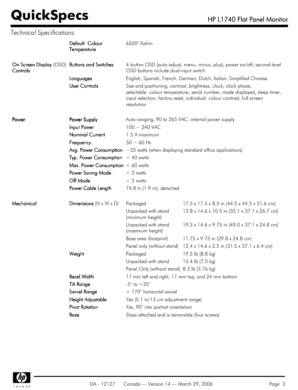 Quickspecs, Hp l1740 flat panel monitor | Compaq Compaq User Manual | Page 3 / 5