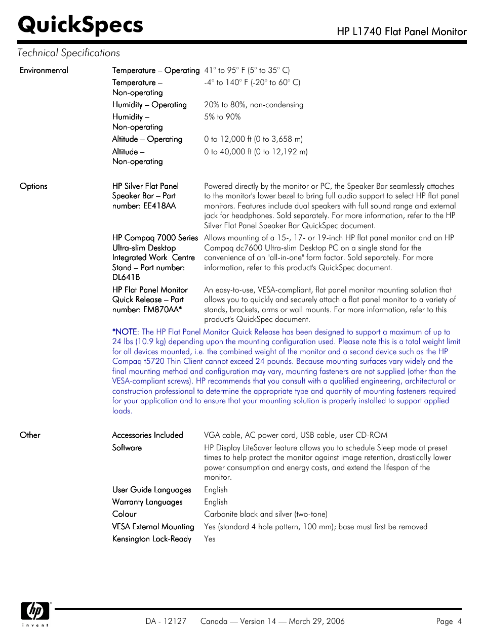 Quickspecs, Hp l1740 flat panel monitor | Compaq Compaq User Manual | Page 4 / 5