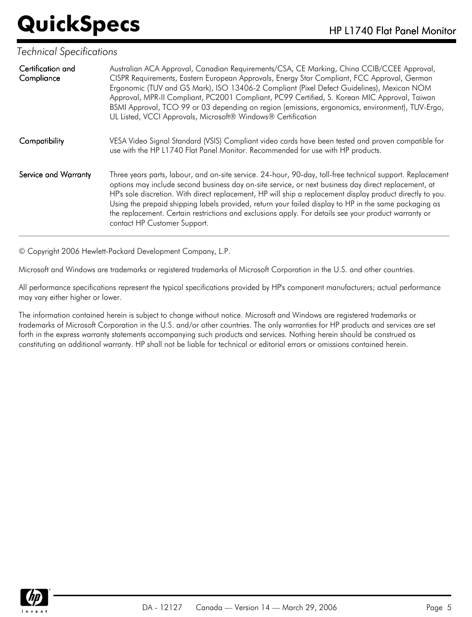 Quickspecs, Hp l1740 flat panel monitor | Compaq Compaq User Manual | Page 5 / 5