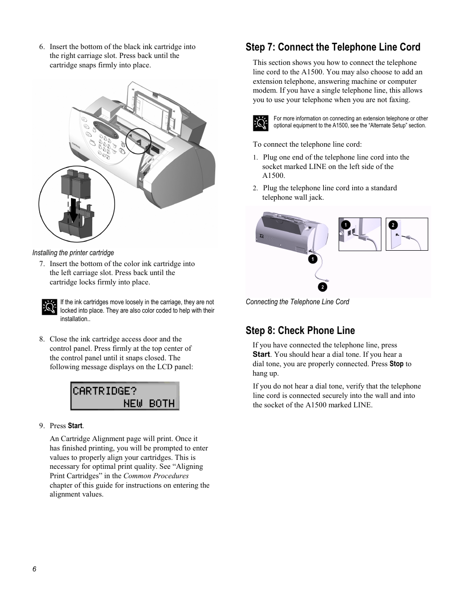 Step 7: connect the telephone line cord, Step 8: check phone line | Compaq Printer A1500 User Manual | Page 10 / 81