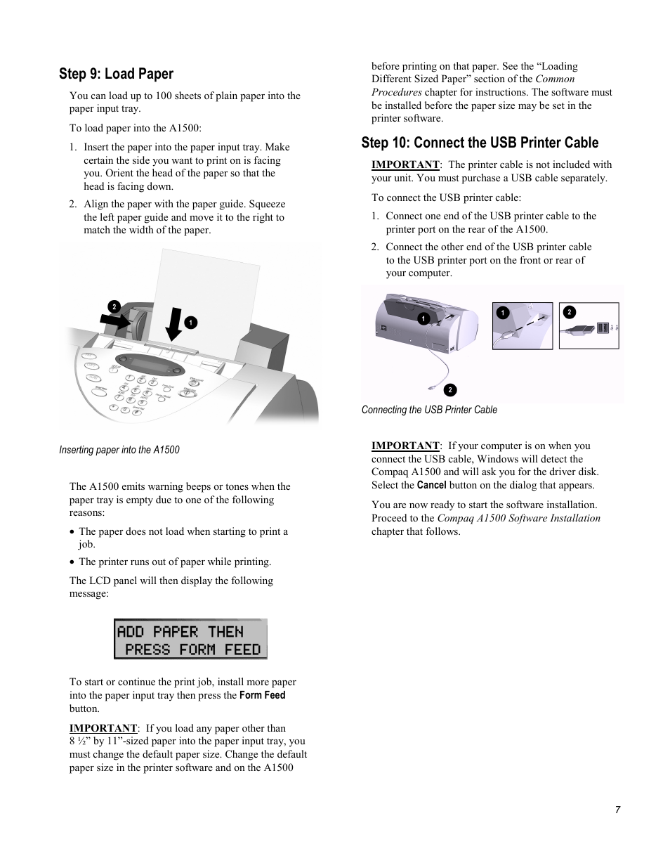 Step 9: load paper, Step 10: connect the usb printer cable | Compaq Printer A1500 User Manual | Page 11 / 81