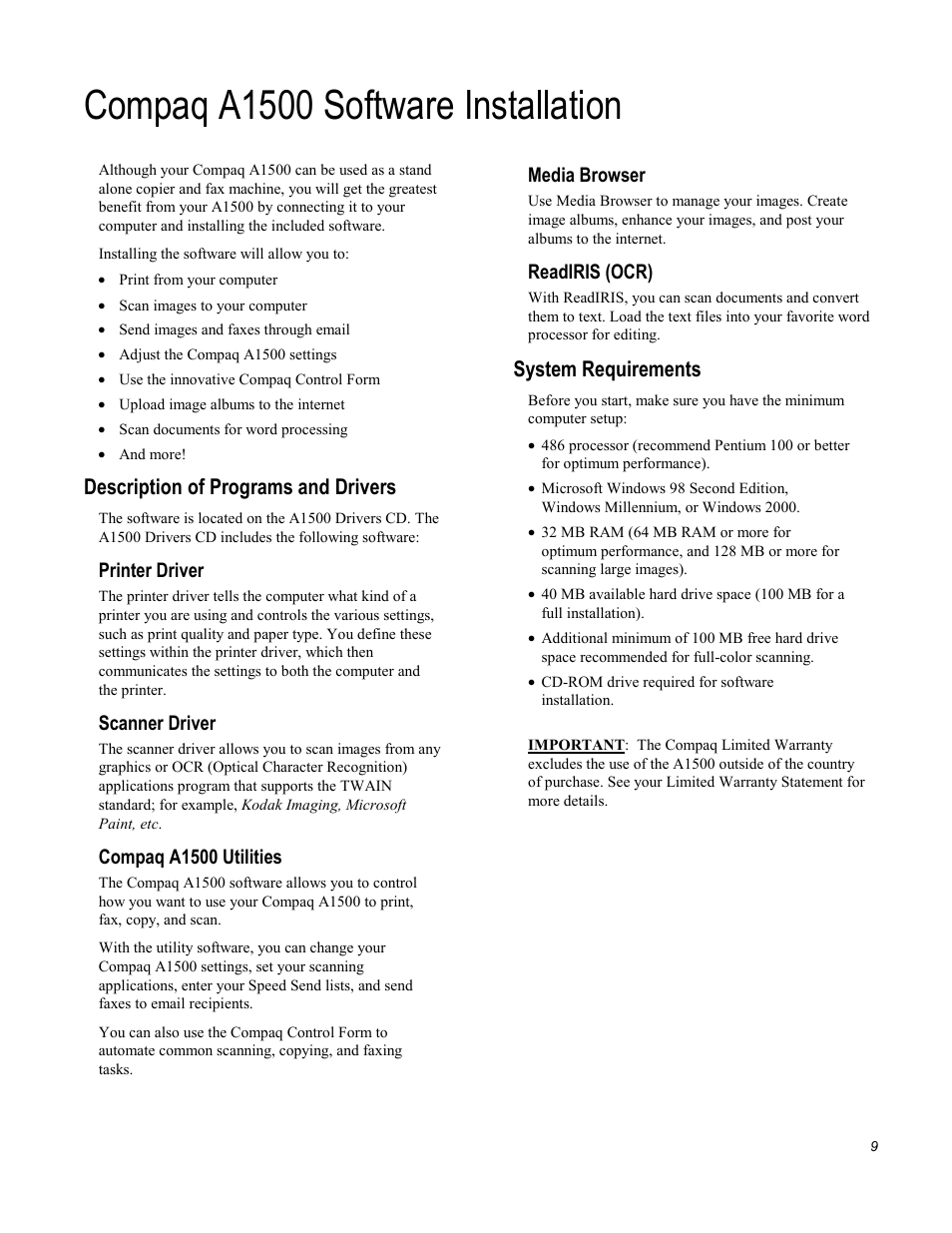 Compaq a1500 software installation, Description of programs and drivers, System requirements | Compaq Printer A1500 User Manual | Page 13 / 81