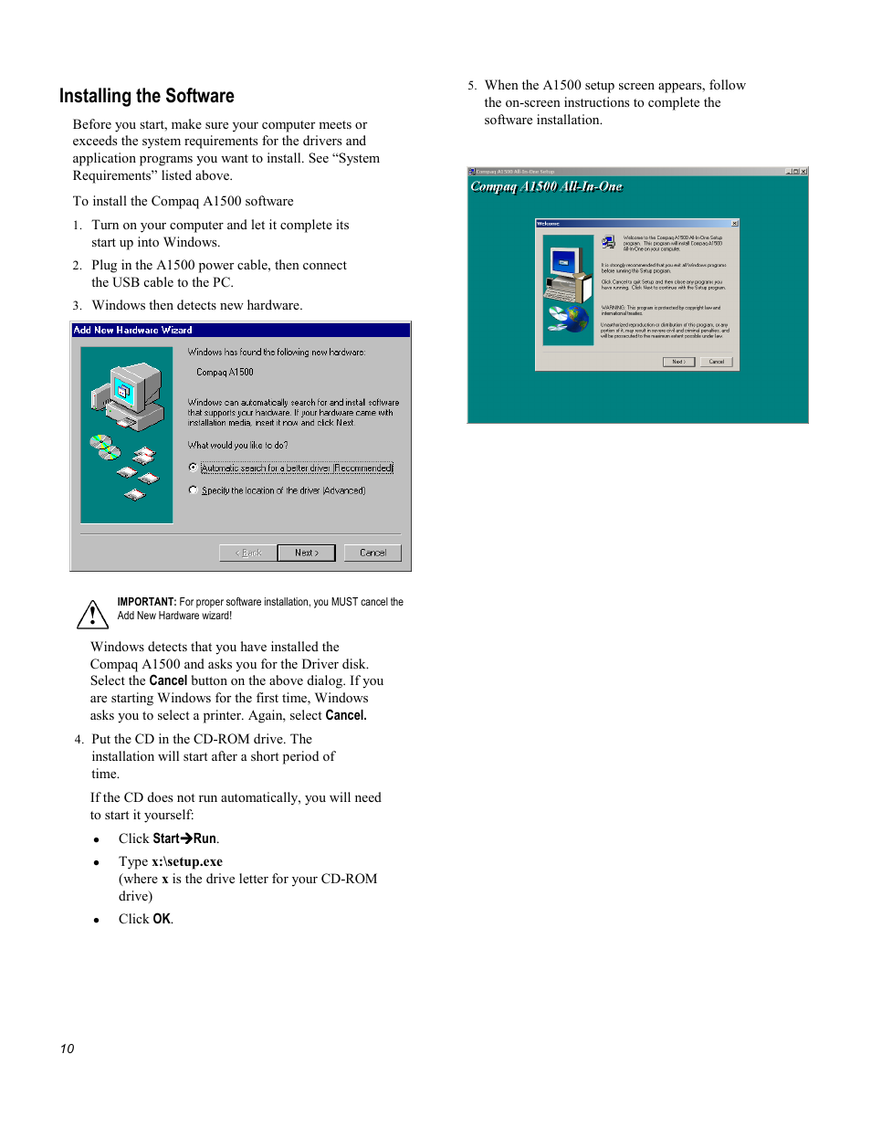 Installing the software | Compaq Printer A1500 User Manual | Page 14 / 81