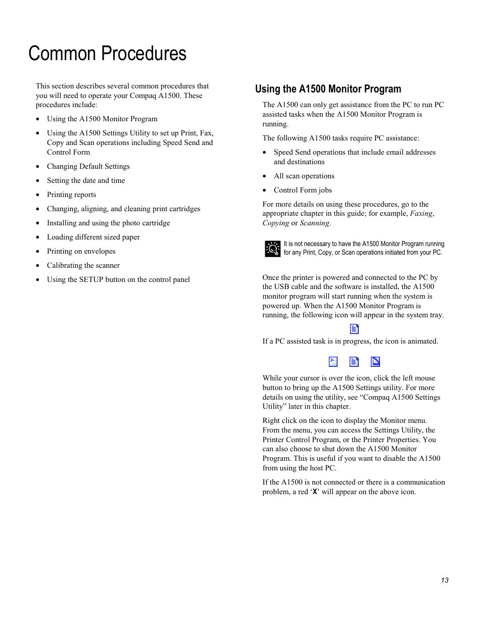 Common procedures, Using the a1500 monitor program | Compaq Printer A1500 User Manual | Page 17 / 81