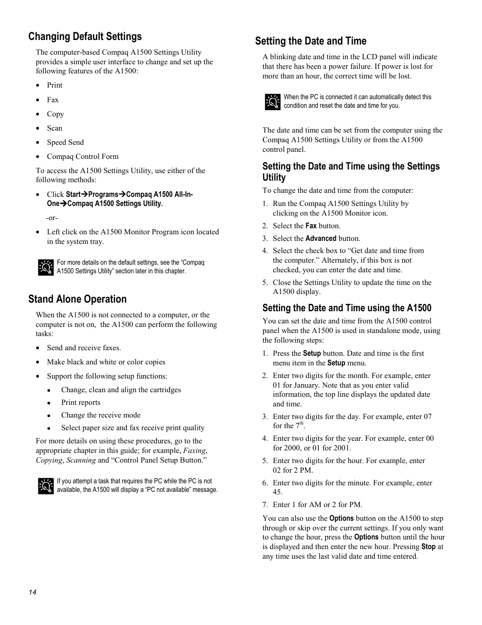 Changing default settings, Stand alone operation, Setting the date and time | Setting the date and time using the a1500 | Compaq Printer A1500 User Manual | Page 18 / 81