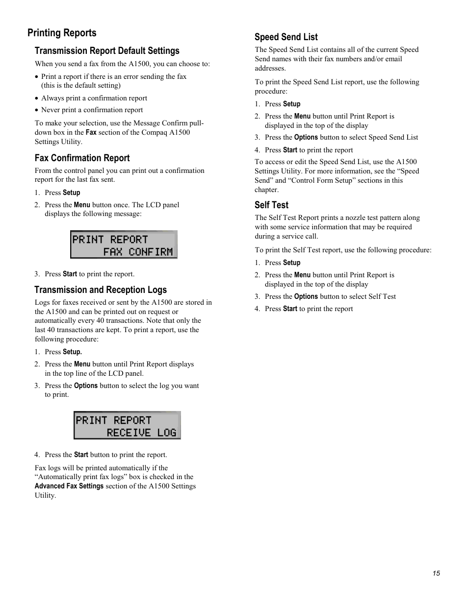 Printing reports, Transmission report default settings, Fax confirmation report | Transmission and reception logs, Speed send list, Self test | Compaq Printer A1500 User Manual | Page 19 / 81