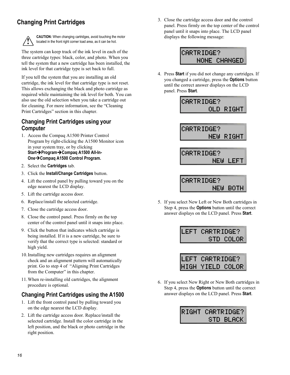 Changing print cartridges, Changing print cartridges using your computer, Changing print cartridges using the a1500 | Compaq Printer A1500 User Manual | Page 20 / 81