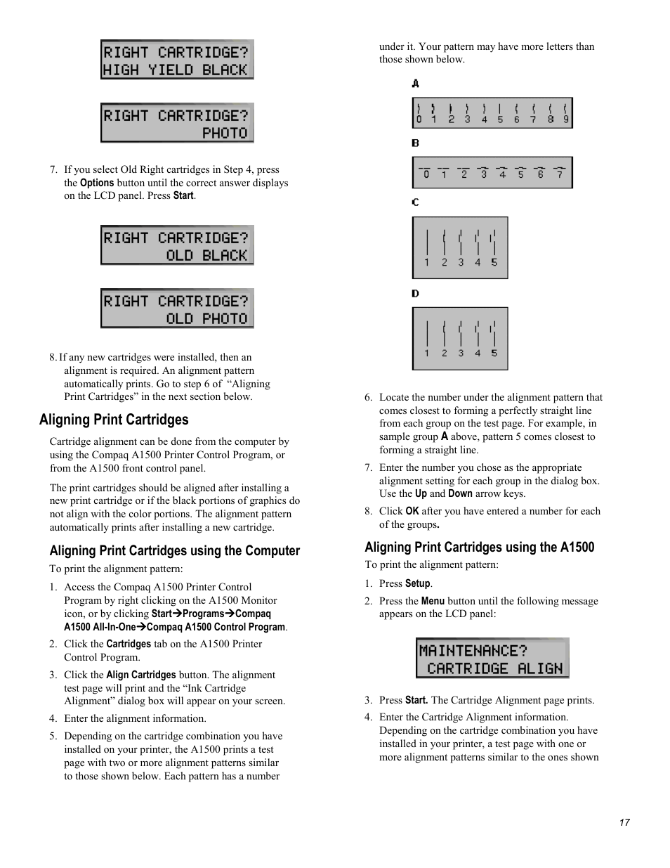 Aligning print cartridges, Aligning print cartridges using the computer, Aligning print cartridges using the a1500 | Compaq Printer A1500 User Manual | Page 21 / 81