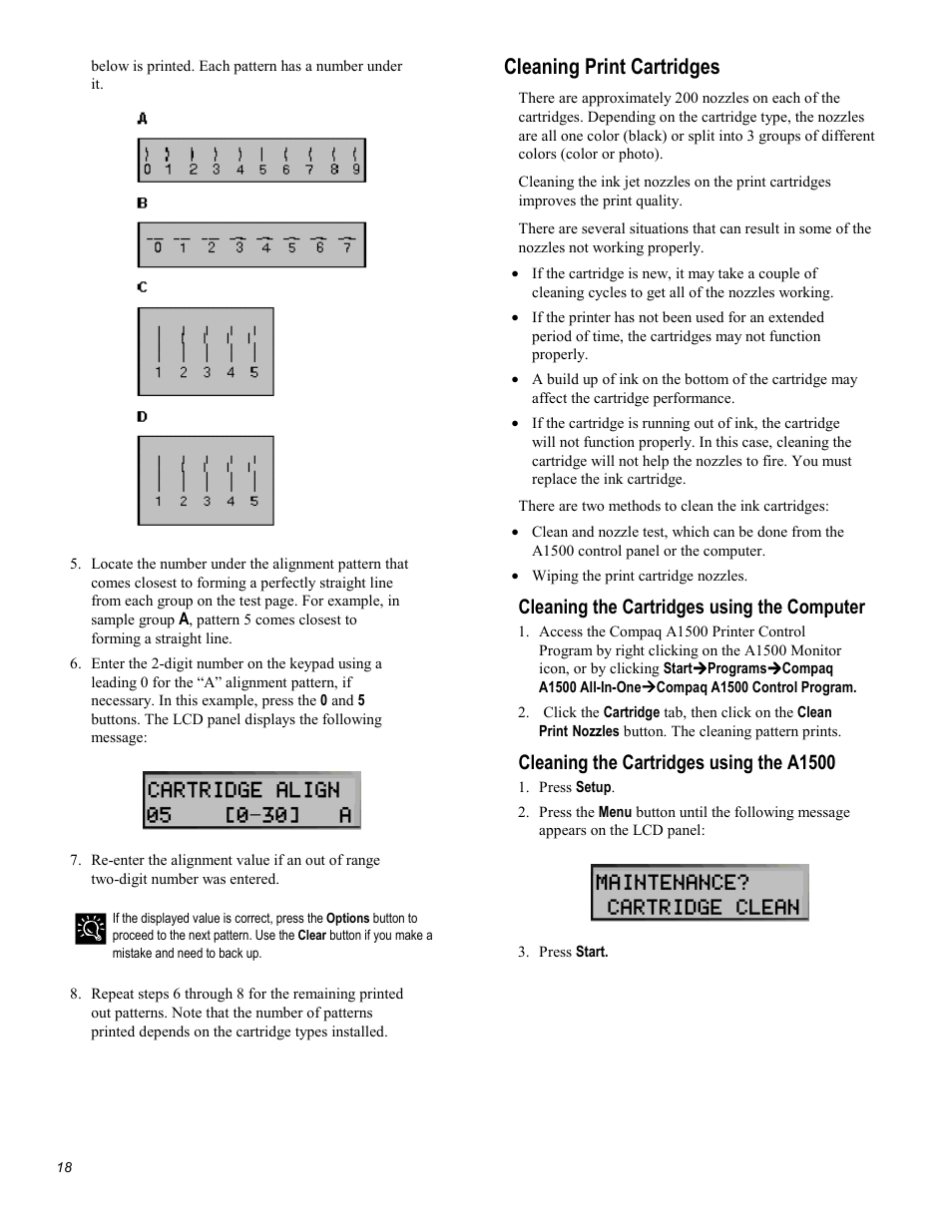 Cleaning print cartridges, Cleaning the cartridges using the computer, Cleaning the cartridges using the a1500 | Compaq Printer A1500 User Manual | Page 22 / 81