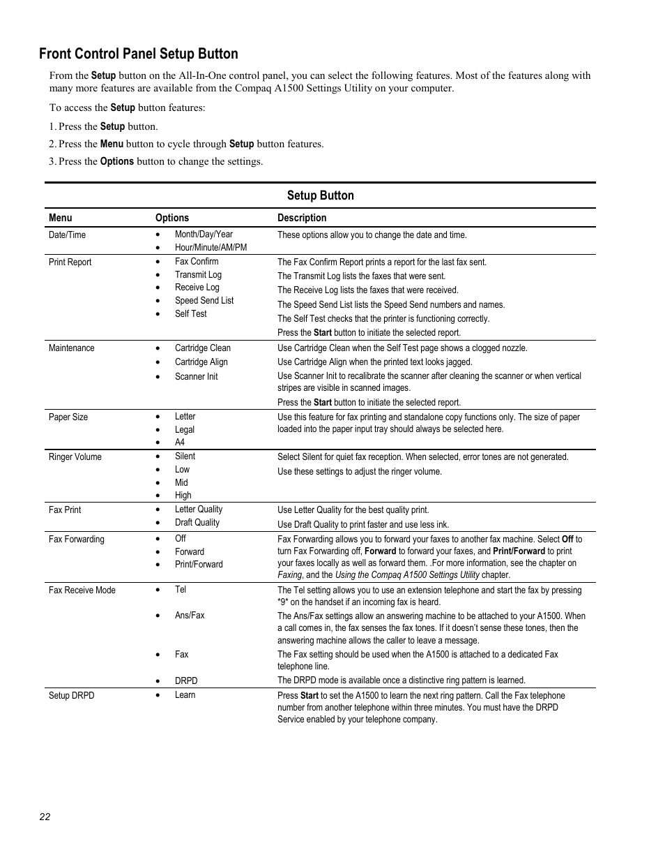 Front control panel setup button, Setup button | Compaq Printer A1500 User Manual | Page 26 / 81