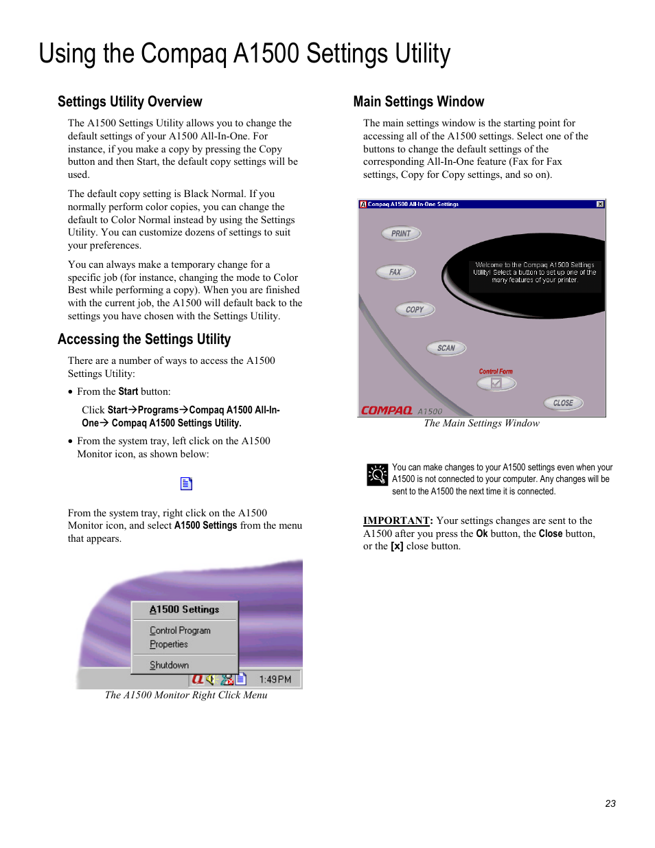 Using the compaq a1500 settings utility, Settings utility overview, Accessing the settings utility | Main settings window | Compaq Printer A1500 User Manual | Page 27 / 81