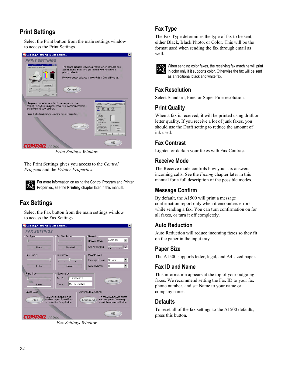 Print settings, Fax settings, Fax type | Fax resolution, Print quality, Fax contrast, Receive mode, Message confirm, Auto reduction, Paper size | Compaq Printer A1500 User Manual | Page 28 / 81