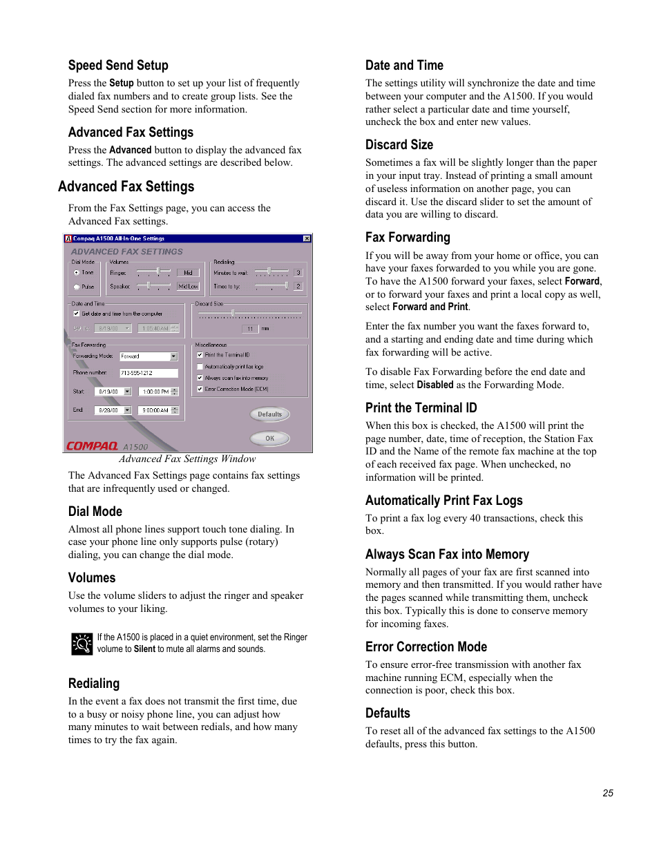Speed send setup, Advanced fax settings, Dial mode | Volumes, Redialing, Date and time, Discard size, Fax forwarding, Print the terminal id, Automatically print fax logs | Compaq Printer A1500 User Manual | Page 29 / 81