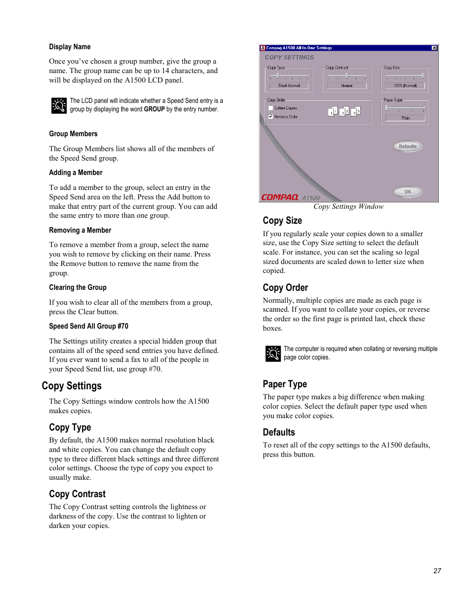 Copy settings, Copy type, Copy contrast | Copy size, Copy order, Paper type, Defaults | Compaq Printer A1500 User Manual | Page 31 / 81