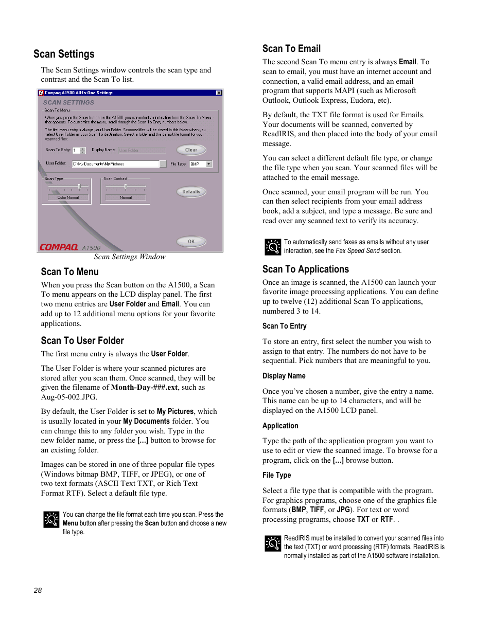 Scan settings, Scan to menu, Scan to user folder | Scan to email, Scan to applications | Compaq Printer A1500 User Manual | Page 32 / 81