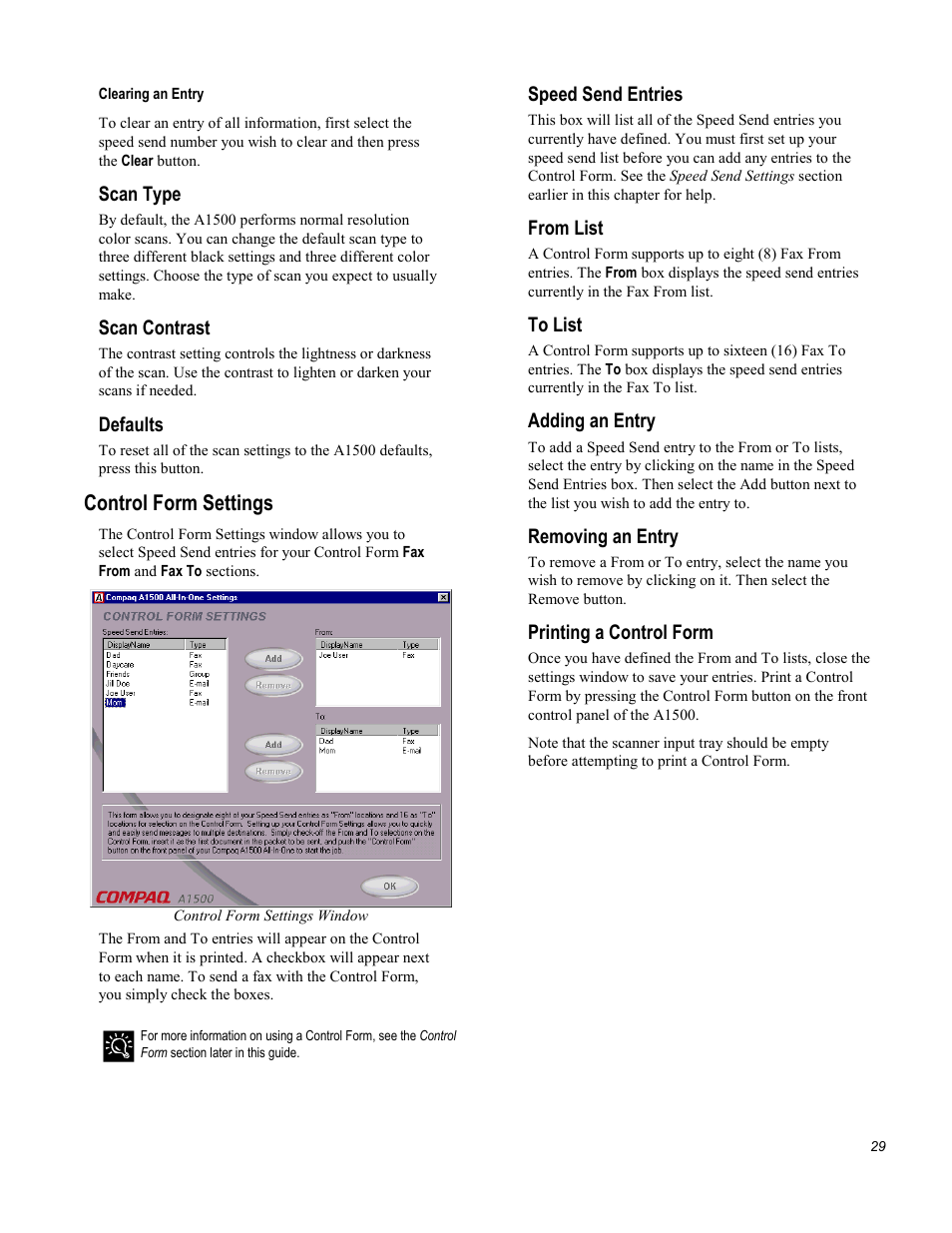 Control form settings, Scan type, Scan contrast | Defaults, Speed send entries, Adding an entry, Removing an entry, Printing a control form | Compaq Printer A1500 User Manual | Page 33 / 81