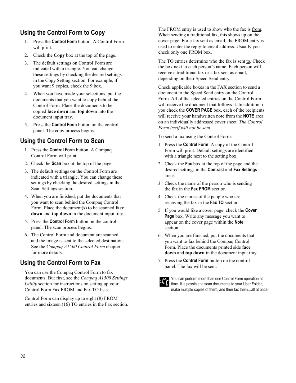 Using the control form to copy, Using the control form to scan, Using the control form to fax | Compaq Printer A1500 User Manual | Page 36 / 81