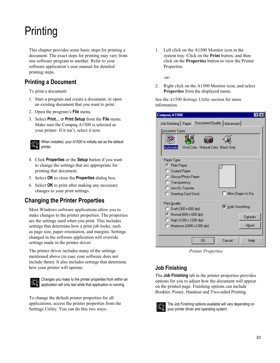 Printing, Printing a document, Changing the printer properties | Job finishing | Compaq Printer A1500 User Manual | Page 37 / 81