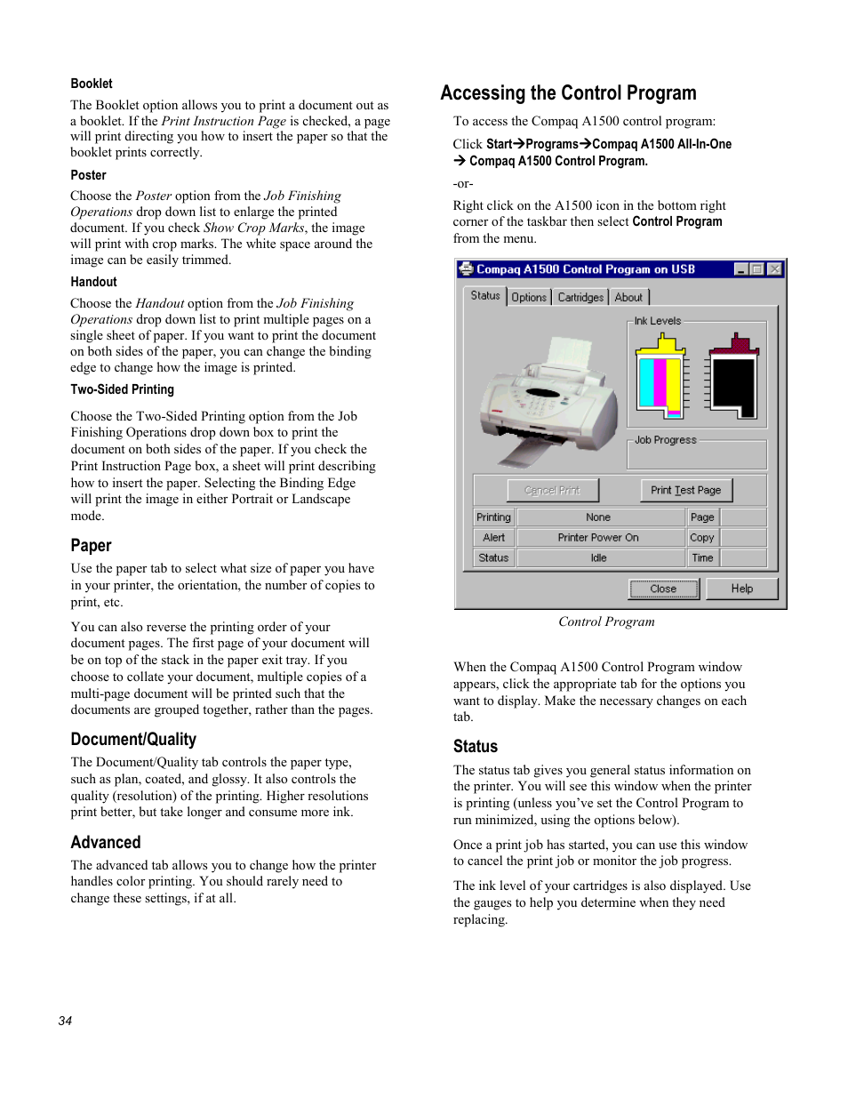 Accessing the control program, Paper, Document/quality | Advanced, Status | Compaq Printer A1500 User Manual | Page 38 / 81