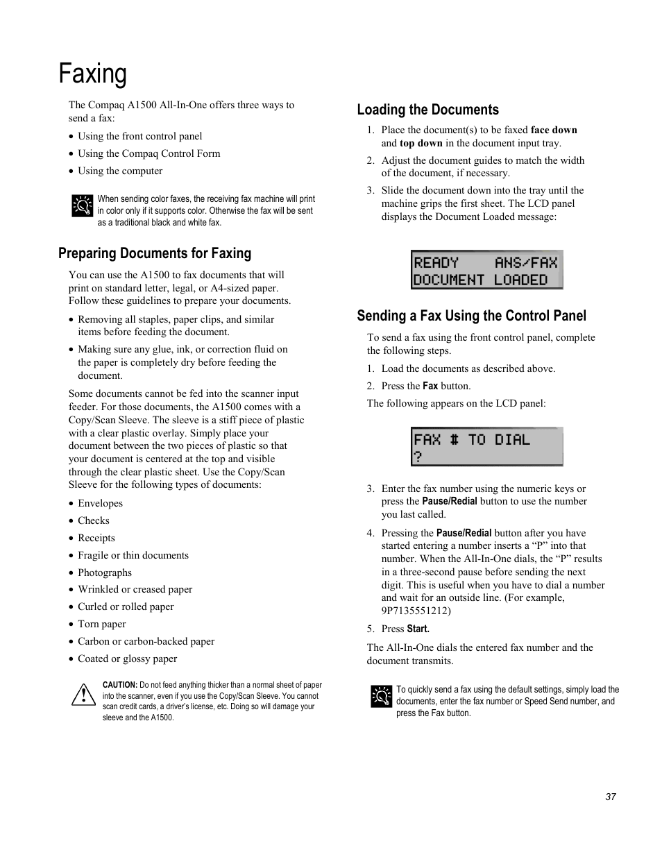 Faxing, Preparing documents for faxing, Loading the documents | Sending a fax using the control panel | Compaq Printer A1500 User Manual | Page 41 / 81