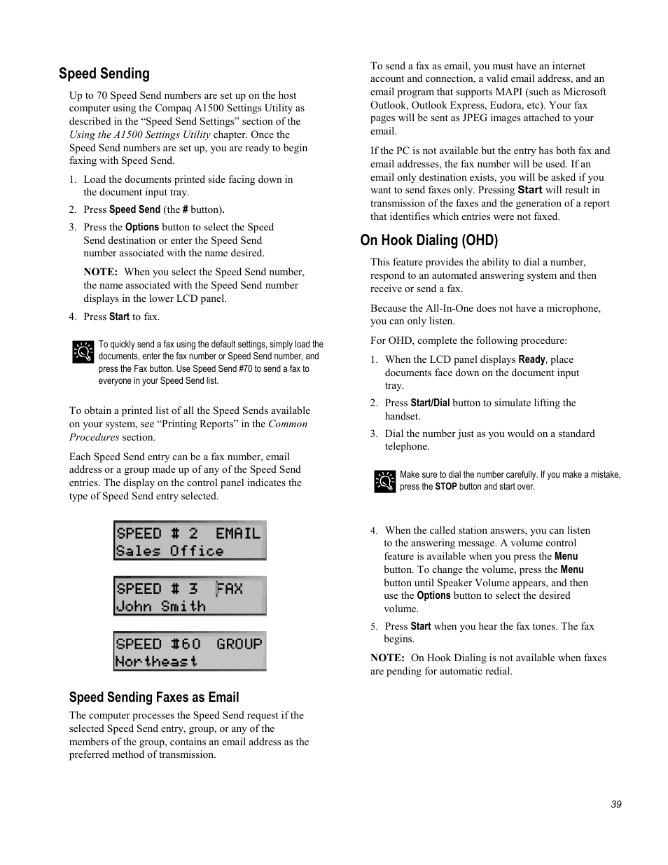 Speed sending, On hook dialing (ohd), Speed sending faxes as email | Compaq Printer A1500 User Manual | Page 43 / 81