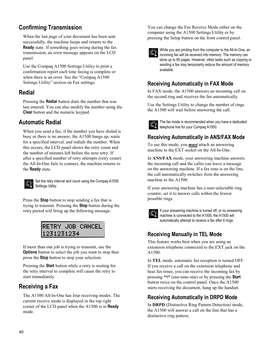 Confirming transmission, Redial, Automatic redial | Receiving a fax, Receiving automatically in fax mode, Receiving automatically in ans/fax mode, Receiving manually in tel mode, Receiving automatically in drpd mode | Compaq Printer A1500 User Manual | Page 44 / 81