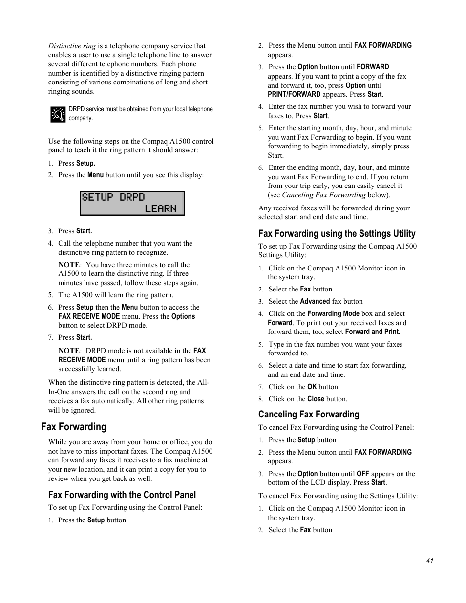 Fax forwarding, Fax forwarding with the control panel, Fax forwarding using the settings utility | Canceling fax forwarding | Compaq Printer A1500 User Manual | Page 45 / 81