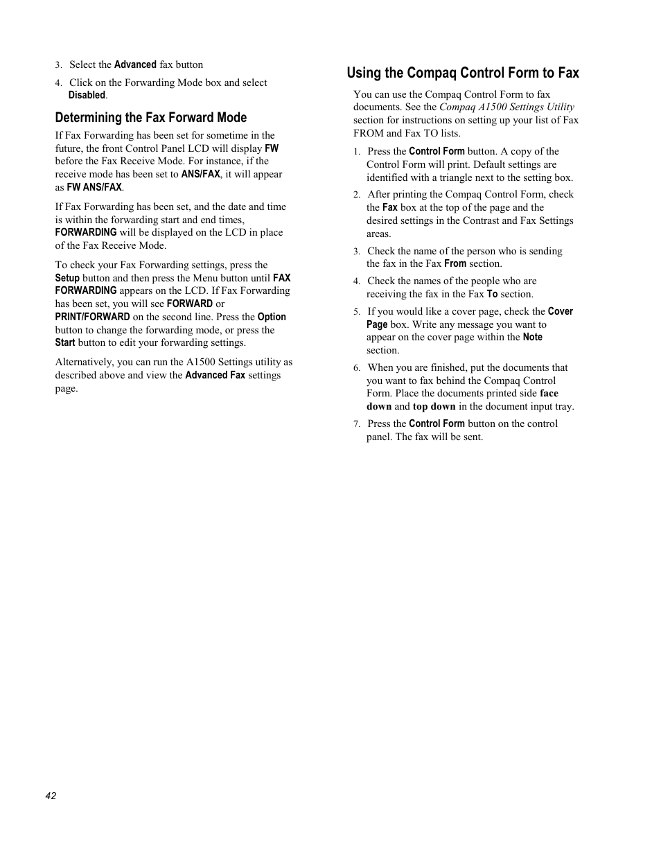 Using the compaq control form to fax, Determining the fax forward mode | Compaq Printer A1500 User Manual | Page 46 / 81