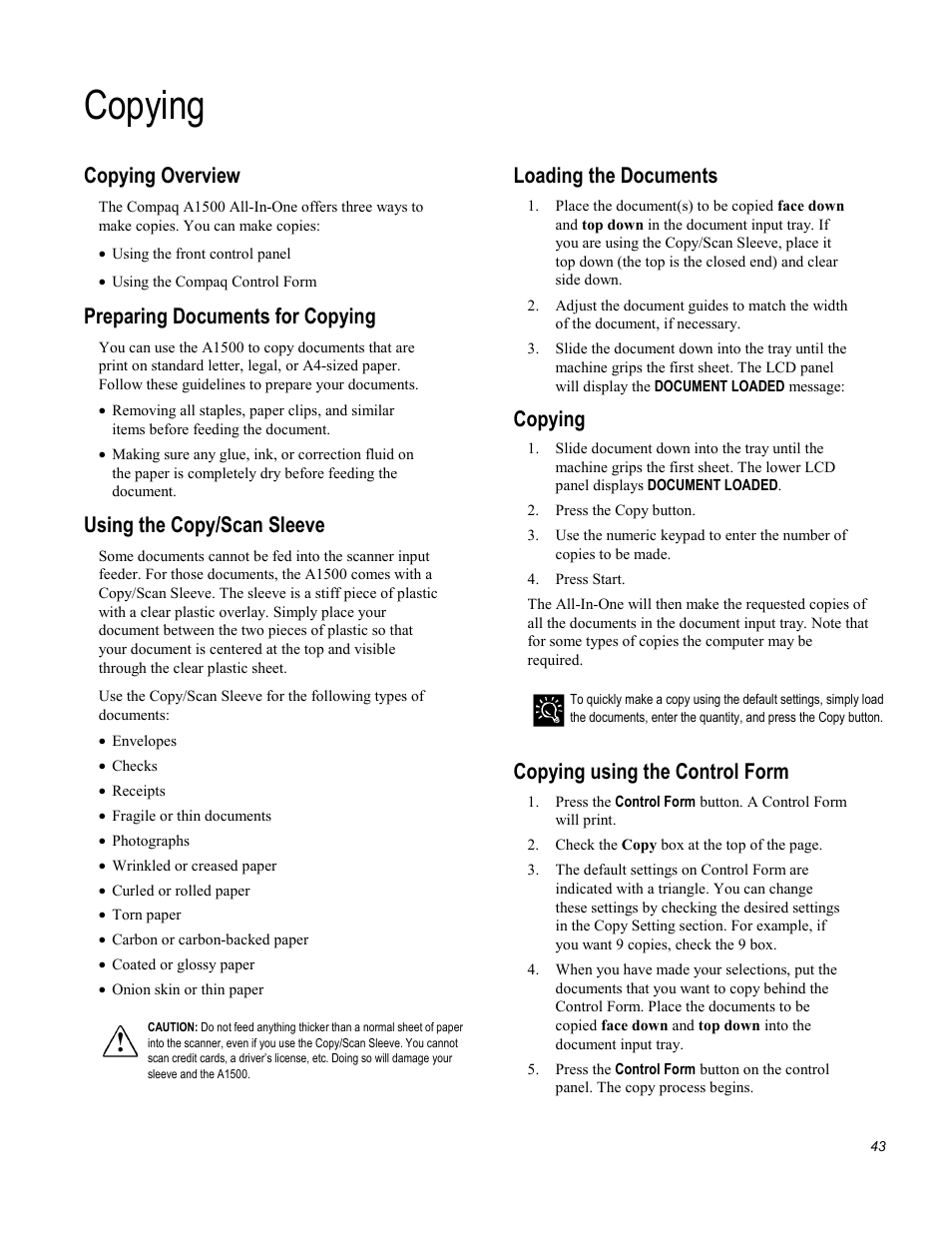 Copying, Copying overview, Preparing documents for copying | Using the copy/scan sleeve, Loading the documents, Copying using the control form | Compaq Printer A1500 User Manual | Page 47 / 81