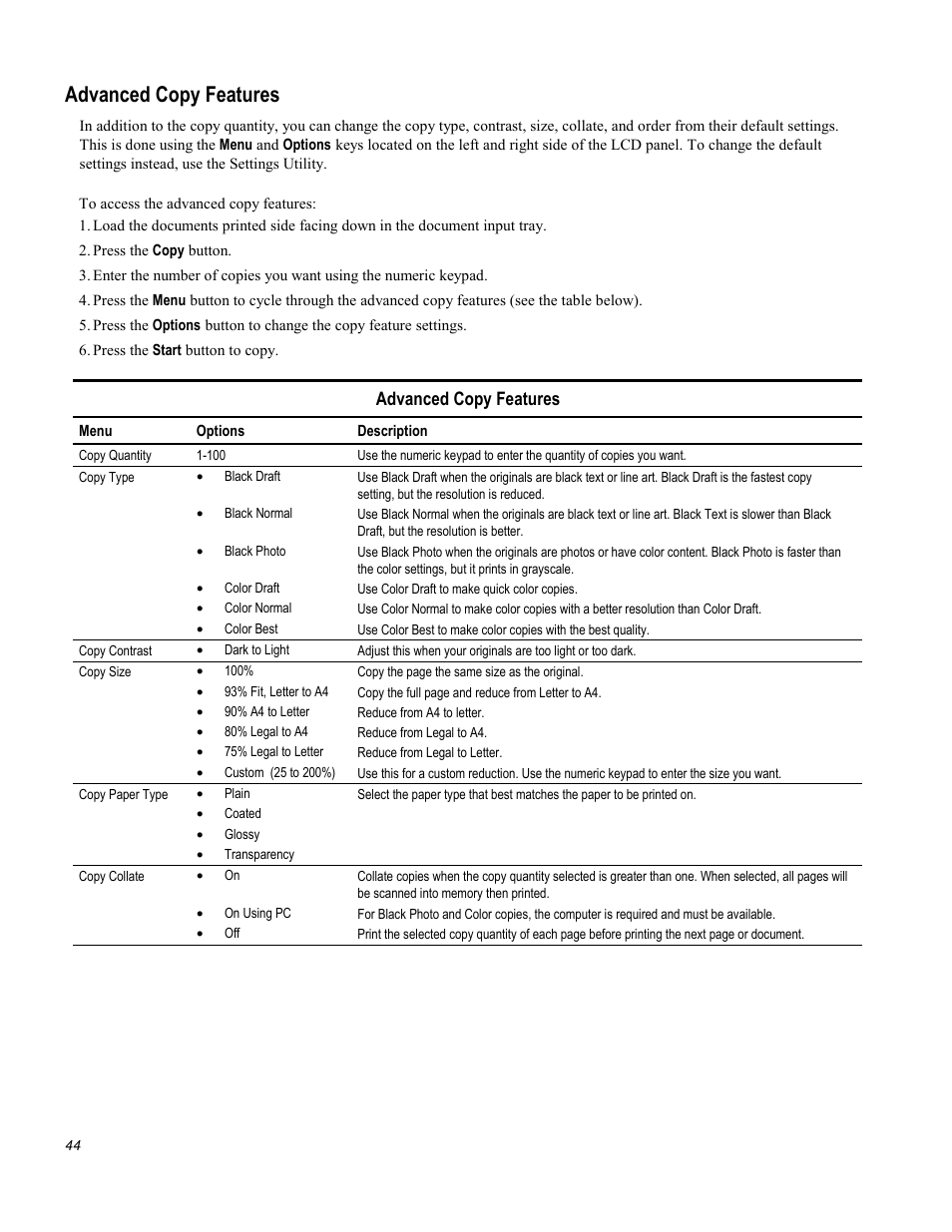 Advanced copy features | Compaq Printer A1500 User Manual | Page 48 / 81
